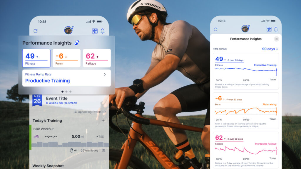 image of a male cyclist riding his bike next to a green field at sunset with overlay of the TrainingPeaks app