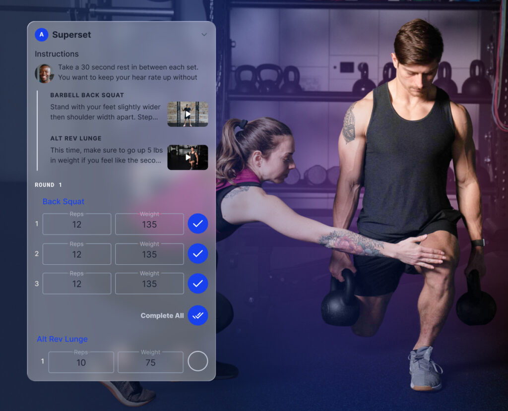 image of a female strength coach touching a male athlete's knee for form correction with TrainingPeaks Strength workout