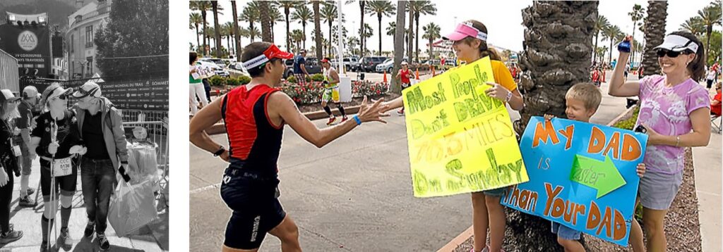 two photos next to each other, one of an older couple at the finish line of a race hugging and smiling with each other, and the other of a triathlete giving a high-five to his daughter holding a sign on the side of the course
