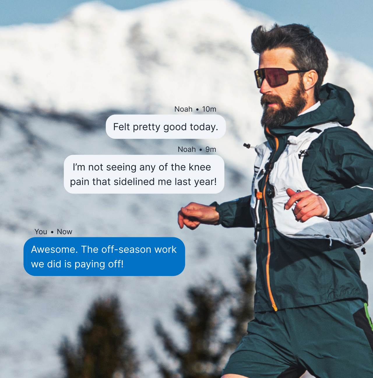 Athlete Runs On A Trail With Snowy Mountains In The Background. Overlaid On The Image Is A Graphic Of The Trainingpeaks App Showing The Athlete Communicating With His Coach.