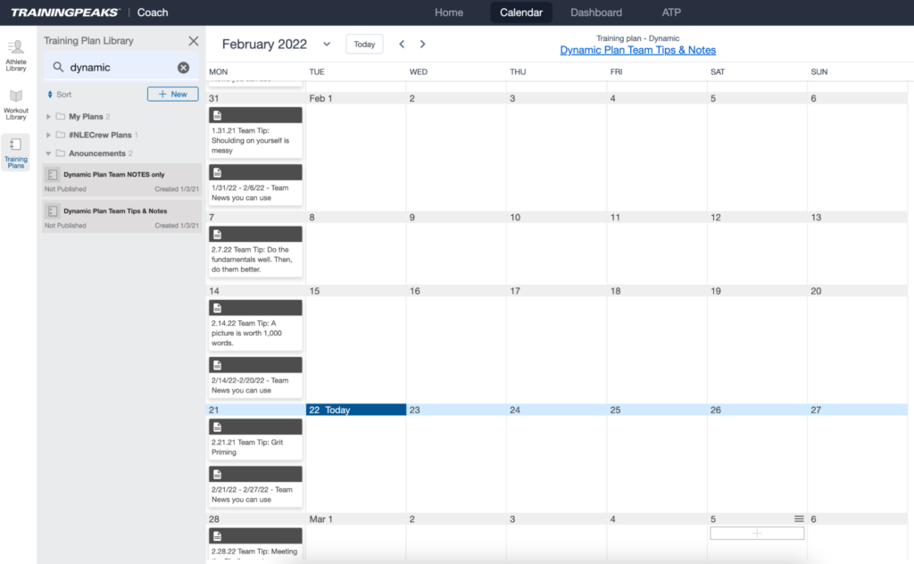 Using the dynamic plans feature to drop in tips or ideas across your athletes' plans. 
