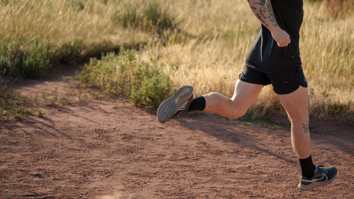 Chest Down View Of Man Running On Colorado Trail, With Multiple Muscle Groups Activated For Forward Propulsion.