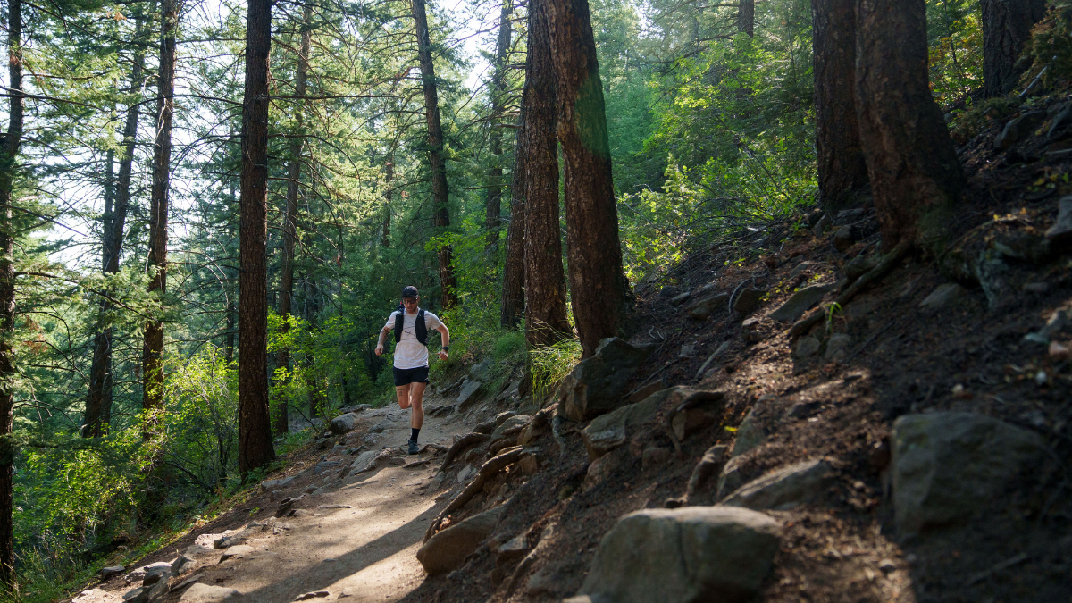 Man Wearing Black Shorts, White Shorts, And A Running Pack, Trail Running Through A Mountain Forest.